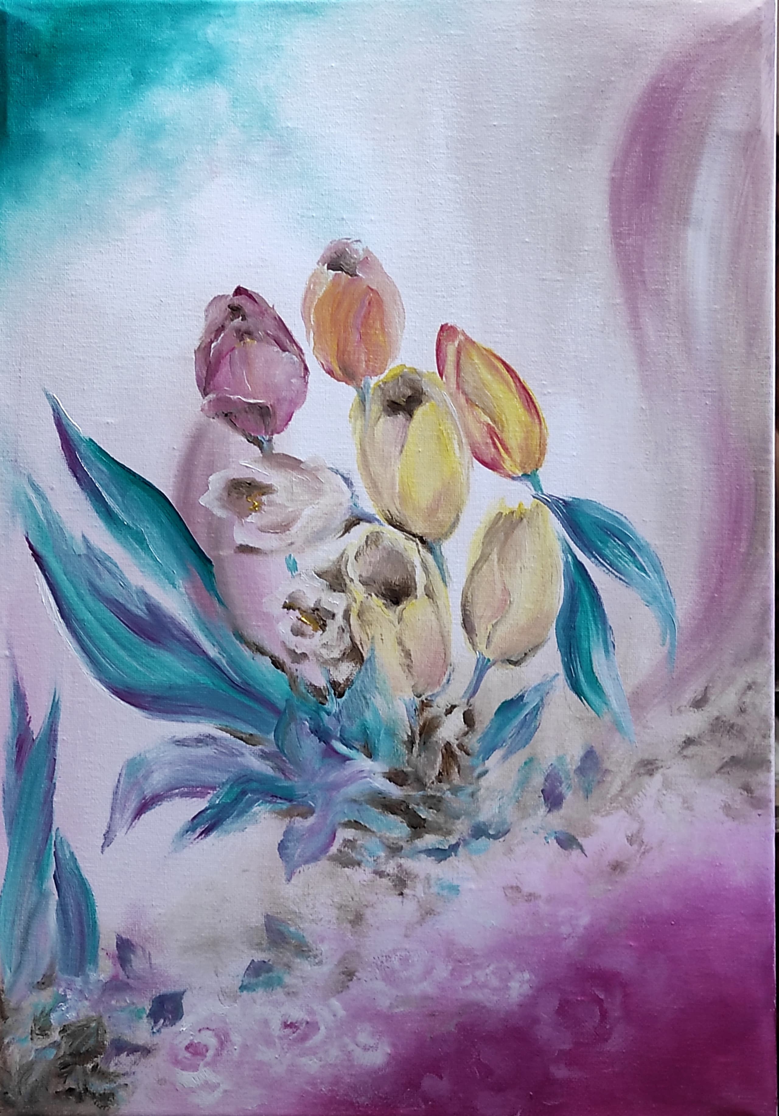 Tulips in Mist, acrylic on canvas, by Omima Aboelnasr