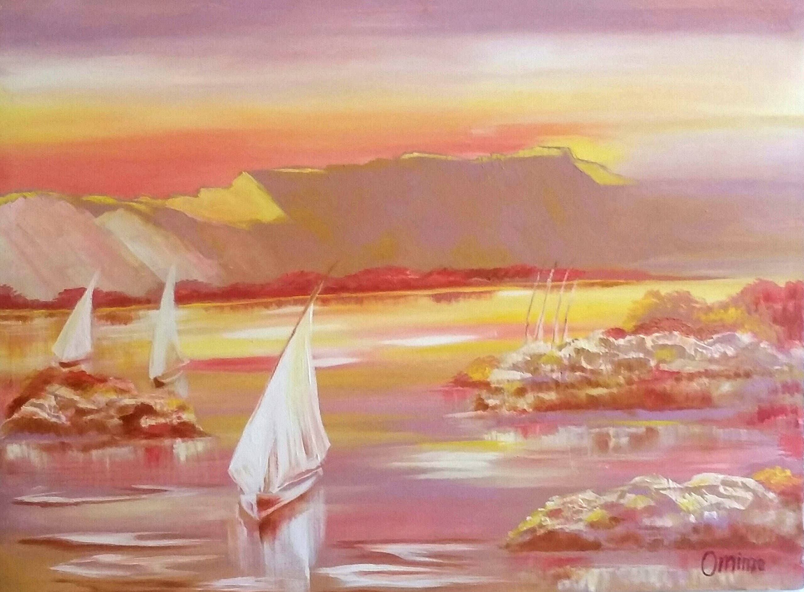 Feluccas at Sunset, acrylic on canvas, by Omima Aboelnasr