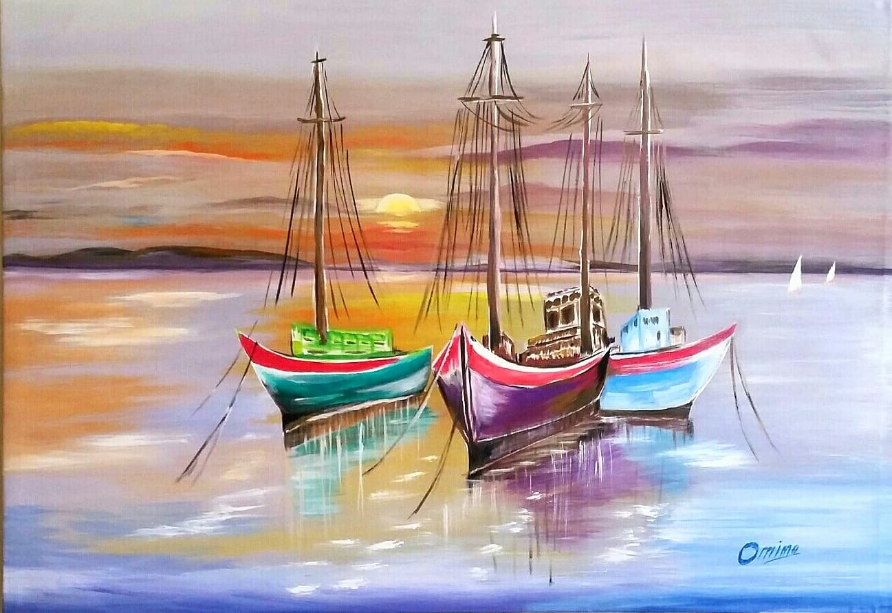 Painted Boats, acrylic on canvas, by Omima Aboelnasr