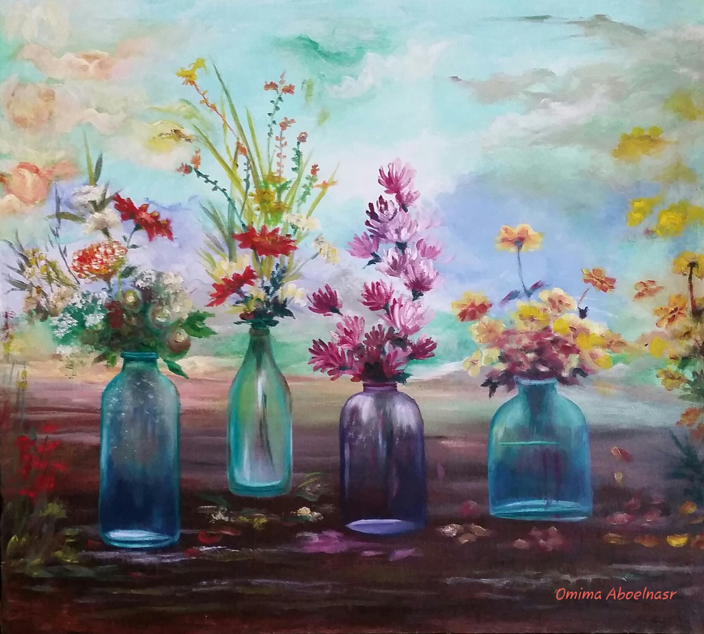 Wildflower Bottles, acrylic on canvas, by Omima Aboelnasr