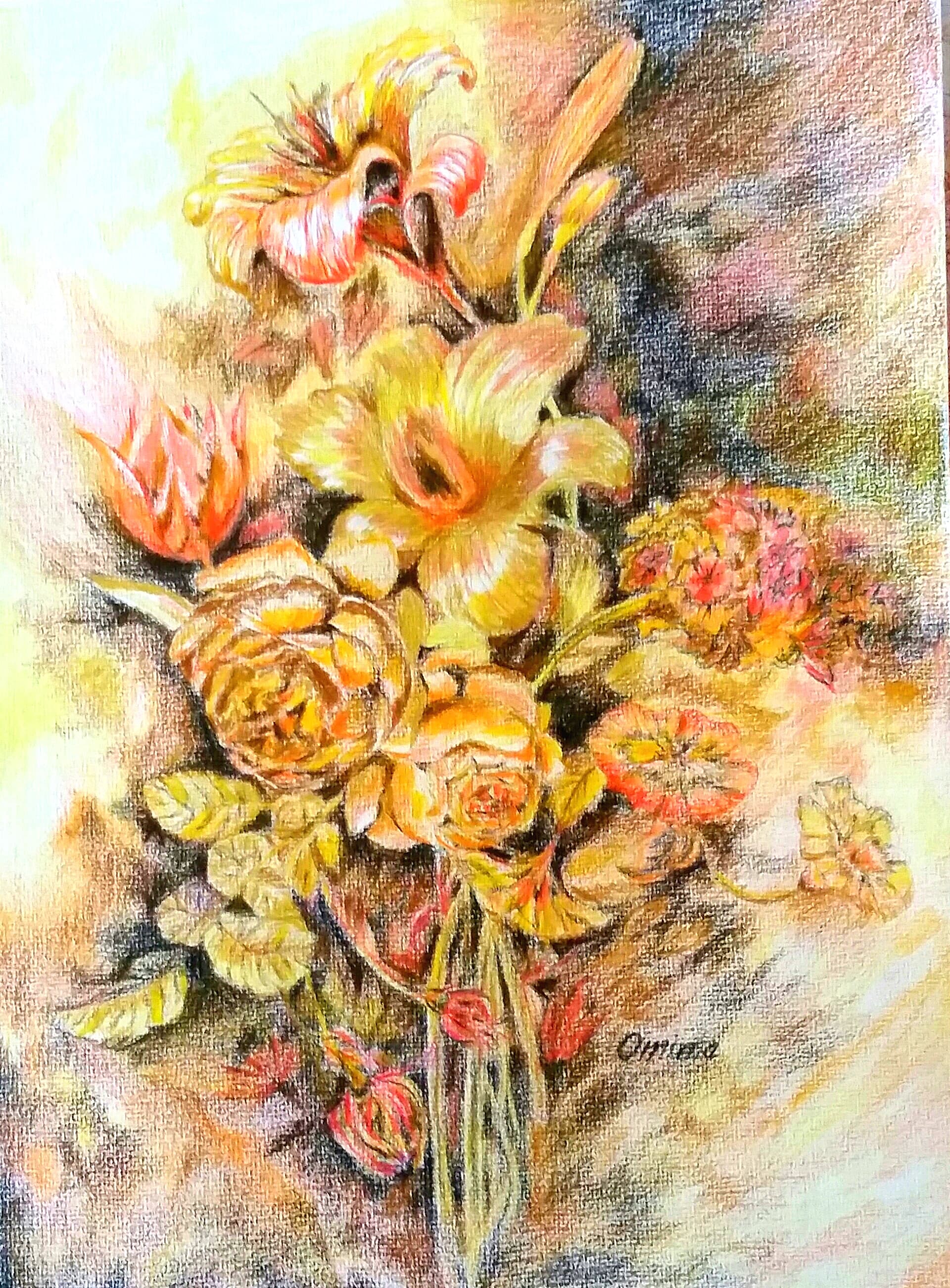 Marigolds, colored pencil on paper, by Omima Aboelnasr