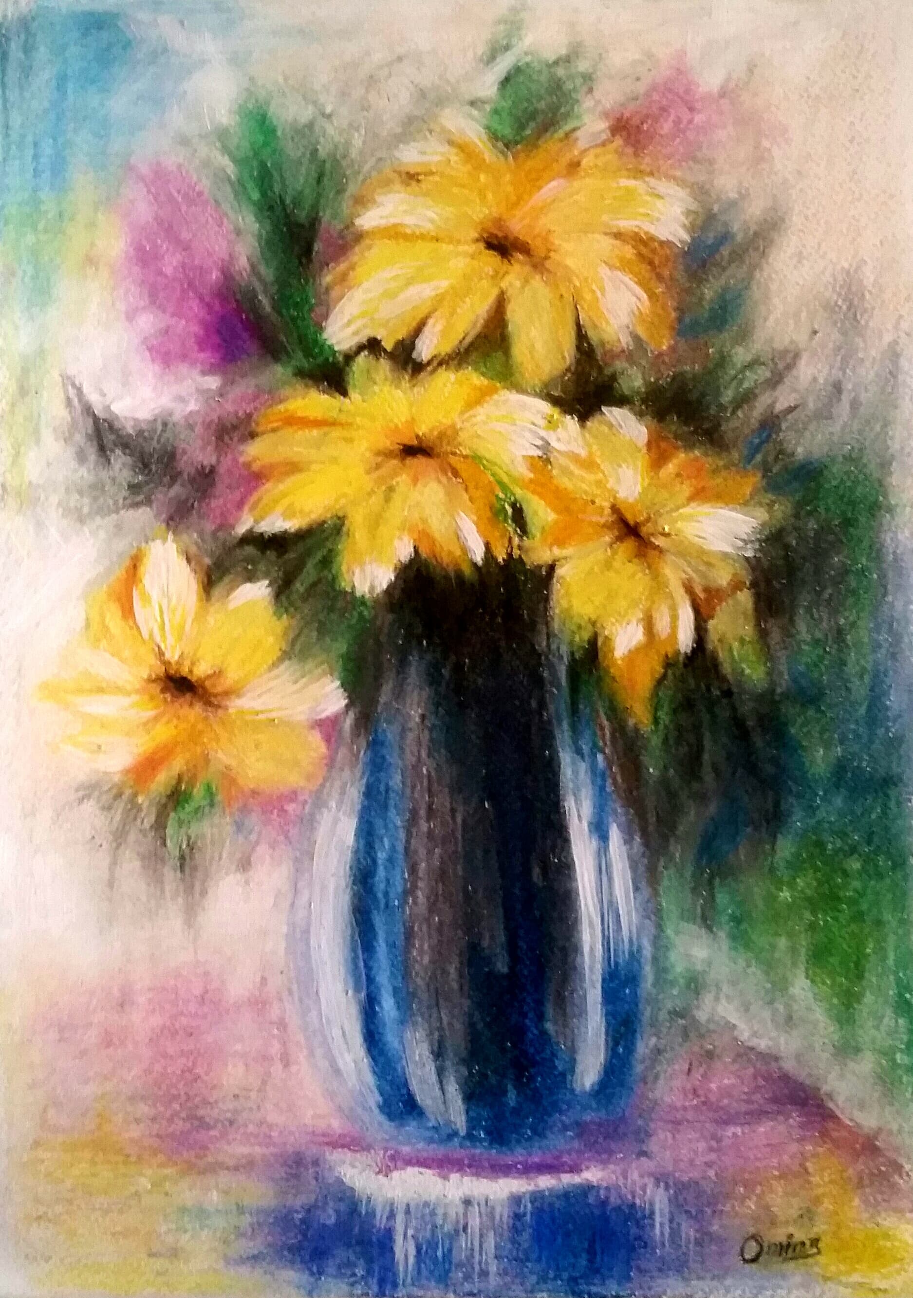 Daisies in Cobalt, soft pastel on paper, by Omima Aboelnasr