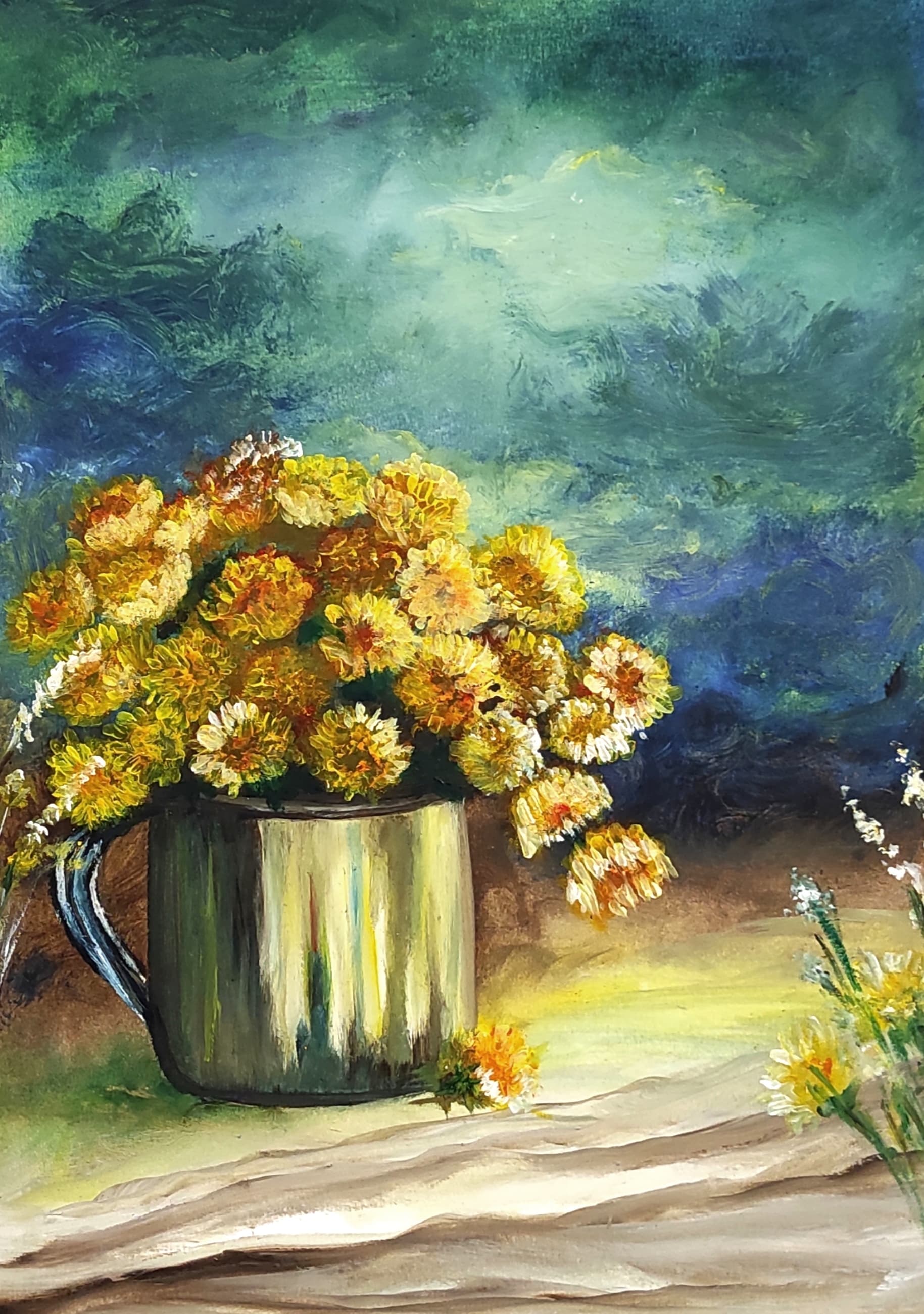 Chrysanthemums, oil pastel on paper, by Omima Aboelnasr