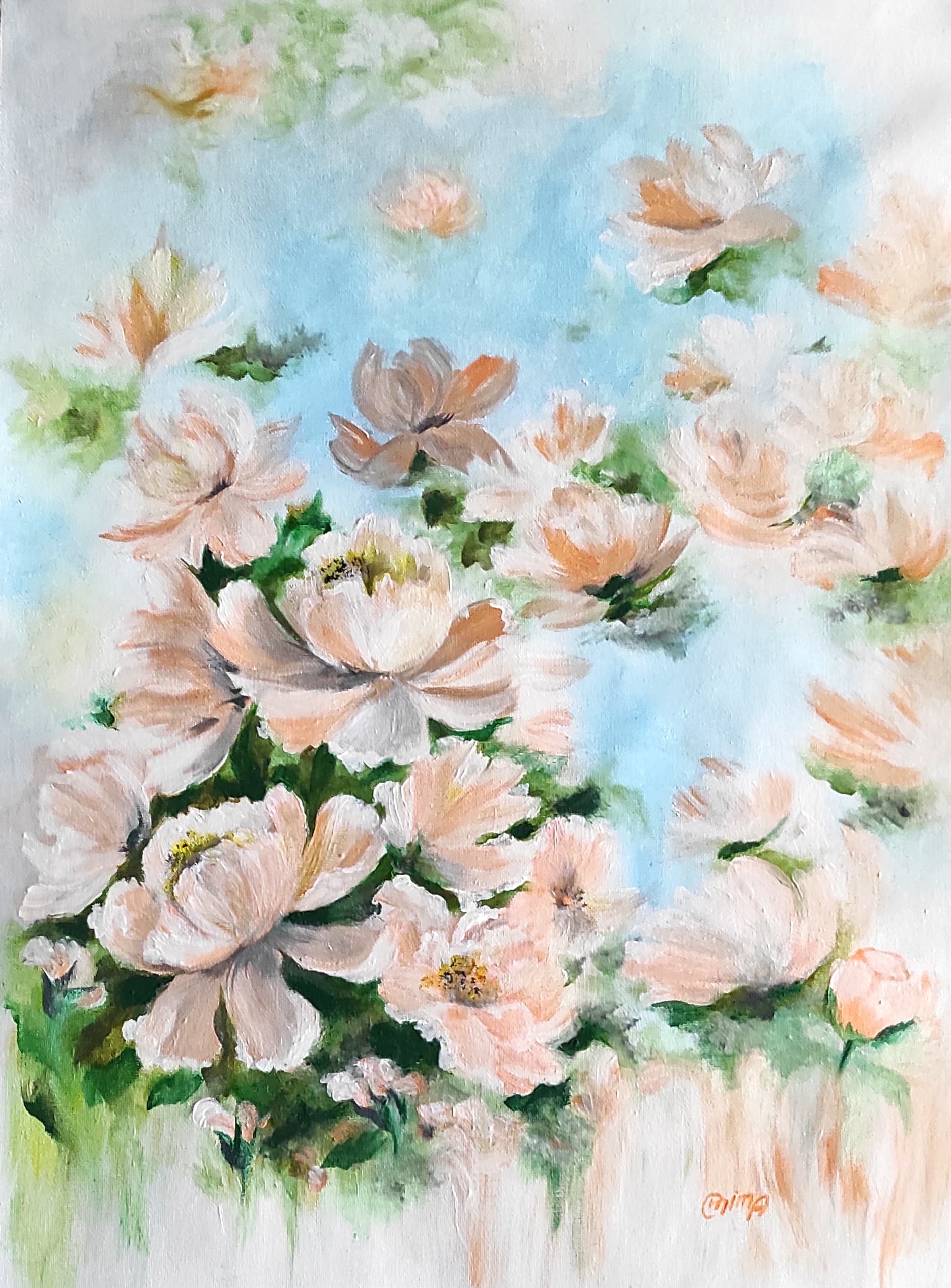 Peach Peonies, acrylic on canvas, by Omima Aboelnasr