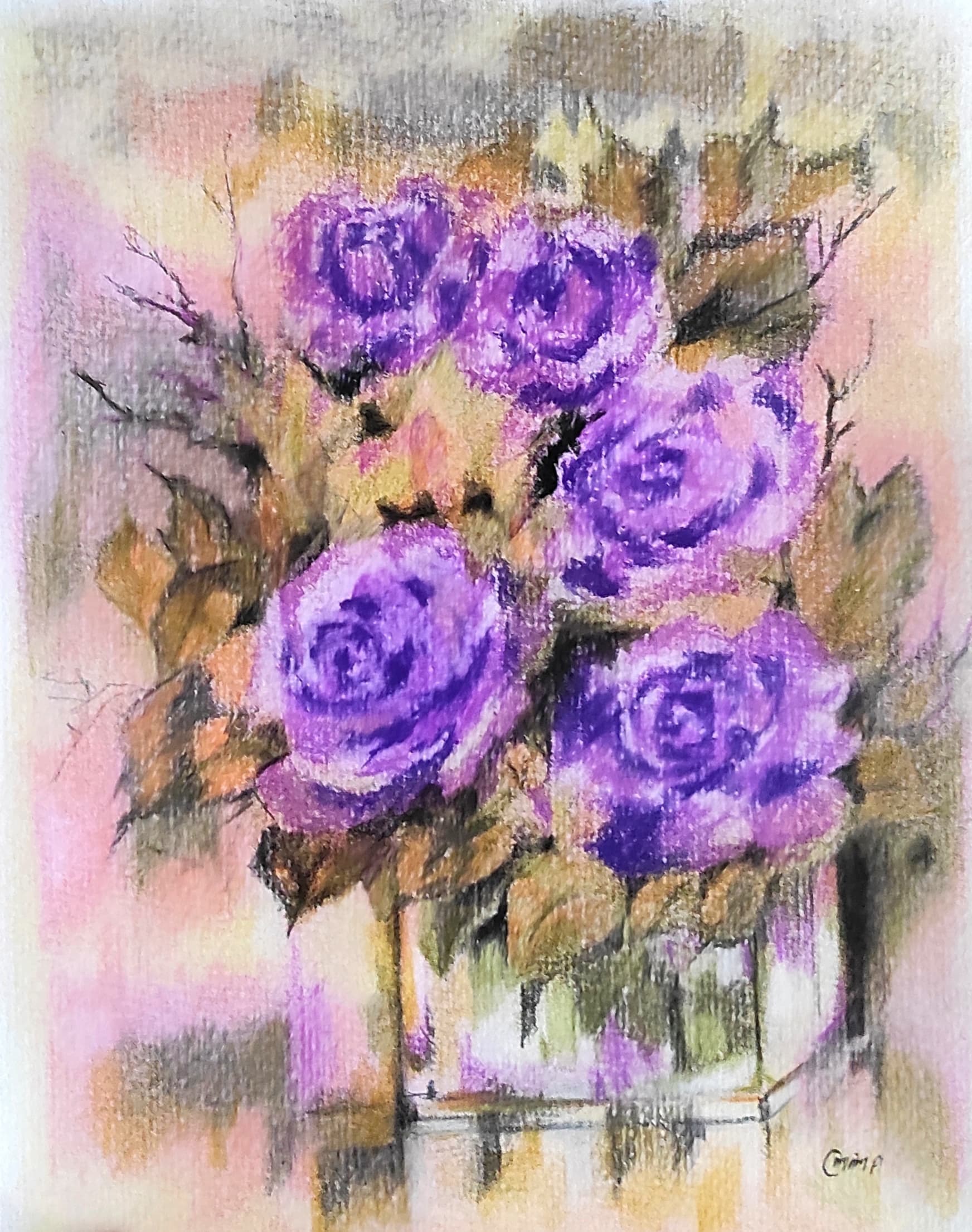 Five Roses, pastel and colored pencil on paper, by Omima Aboelnasr