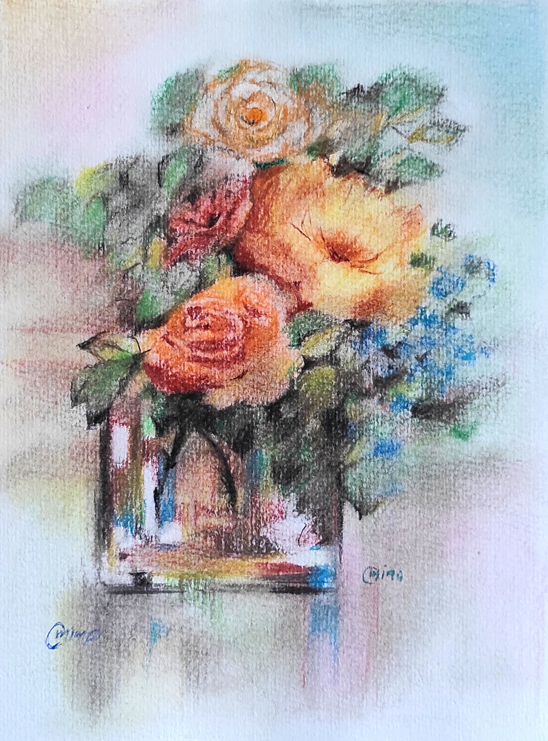 Forget-me-nots, pastel and colored pencil on paper, by Omima Aboelnasr