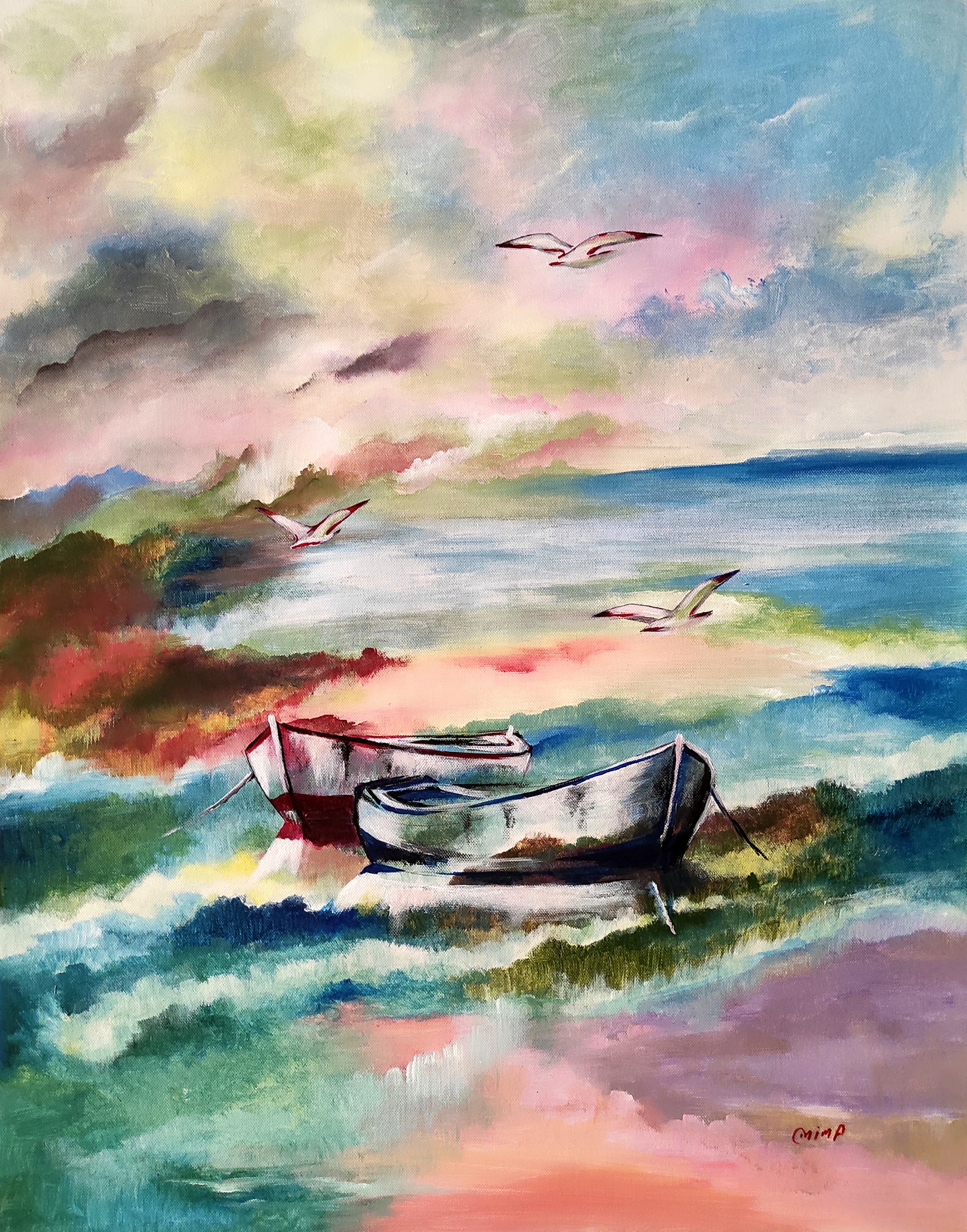 Seagulls, acrylic on canvas, by Omima Aboelnasr