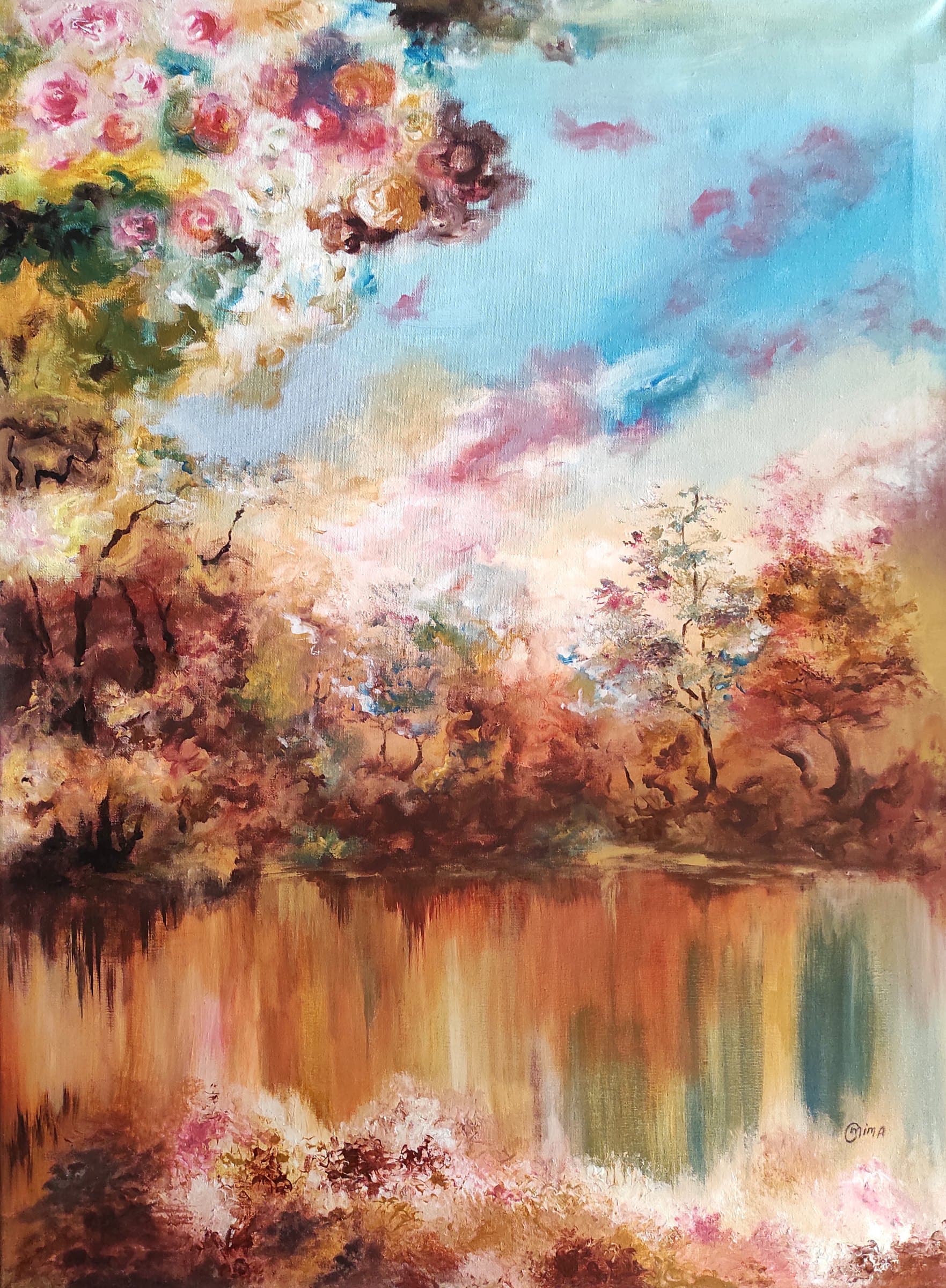 Autumn Lake, 2023, acrylic on canvas, by Omima Aboelnasr