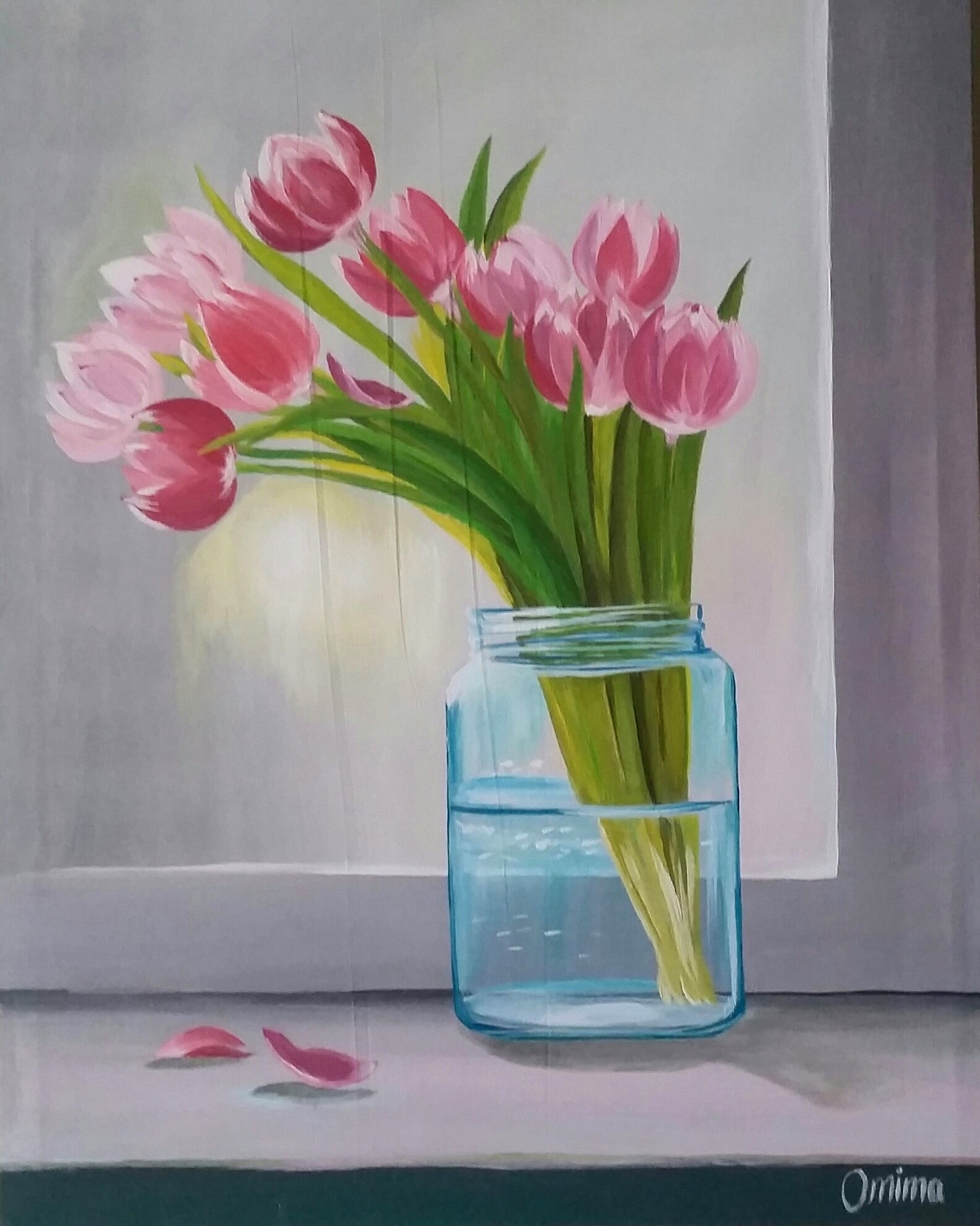 Tulips on the Sill, acrylic on canvas, by Omima Aboelnasr