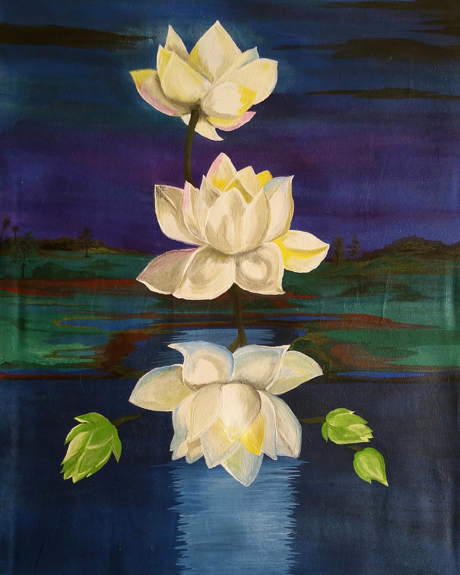 Moonlit Lotus, acrylic on canvas, by Omima Aboelnasr