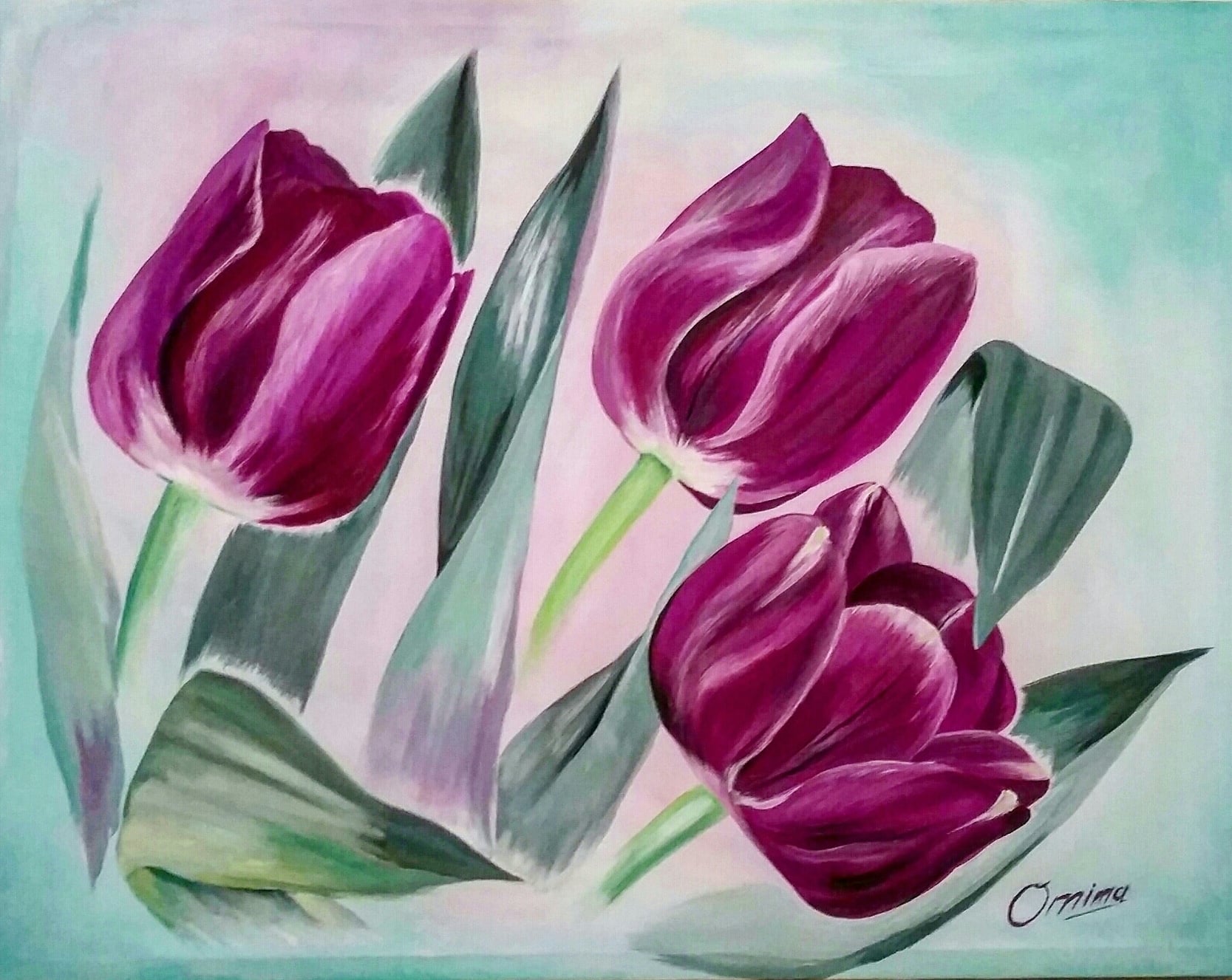 Three Tulips, acrylic on canvas, by Omima Aboelnasr