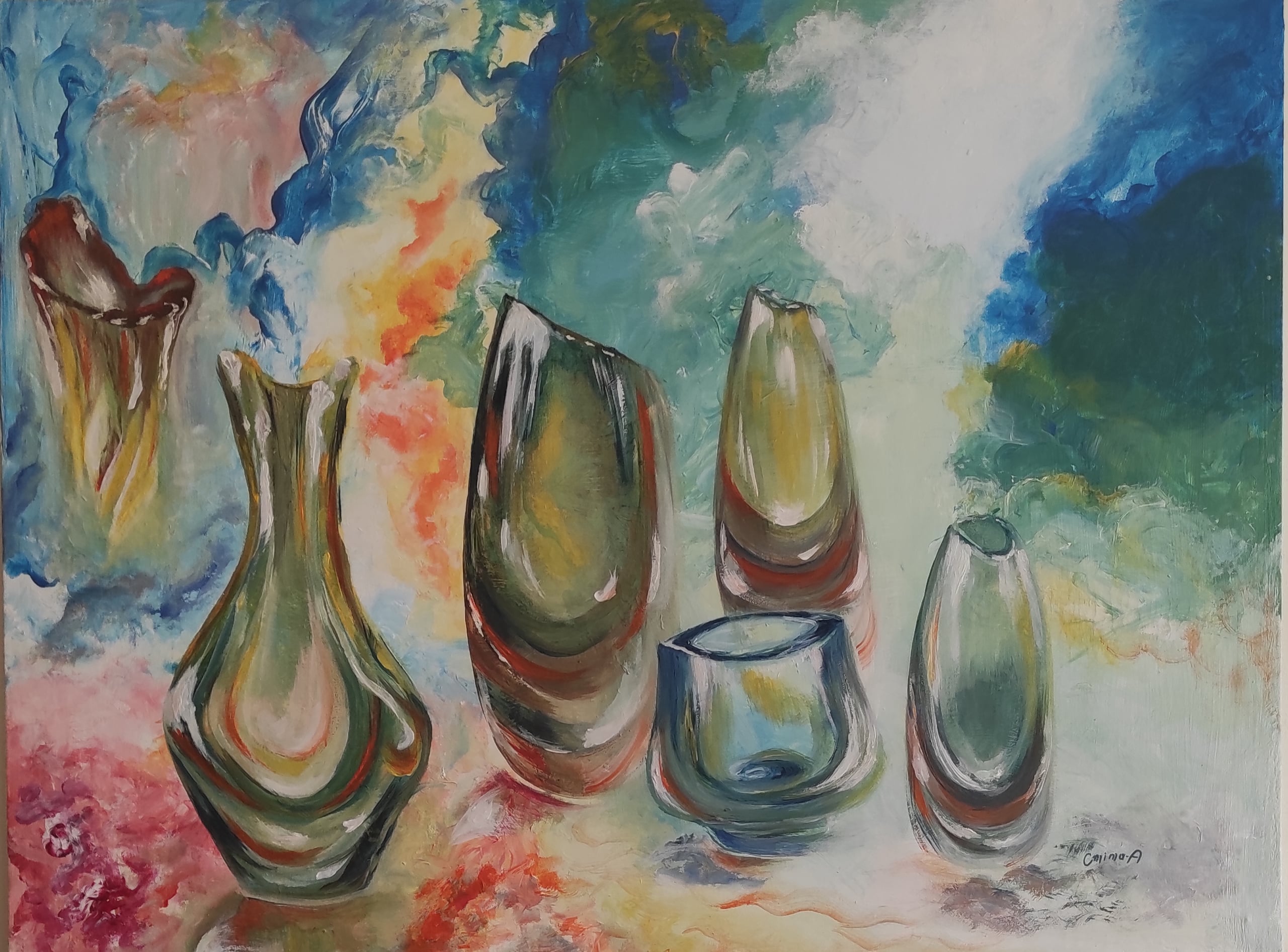 Carafes, acrylic on canvas, by Omima Aboelnasr