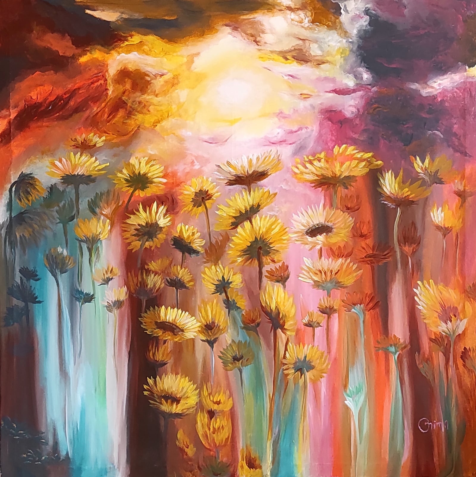 Sunflowers at Dusk, 2021, acrylic on canvas, by Omima Aboelnasr