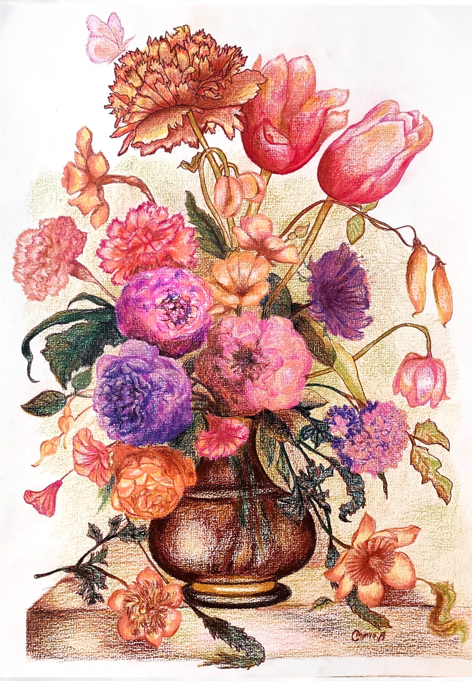 Still Life with Butterfly, colored pencil on paper, by Omima Aboelnasr
