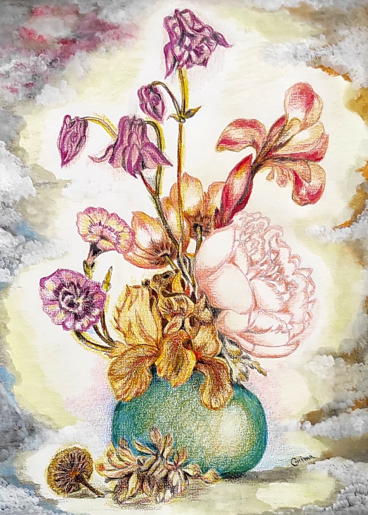 Columbines, colored pencil and pastel on paper, by Omima Aboelnasr