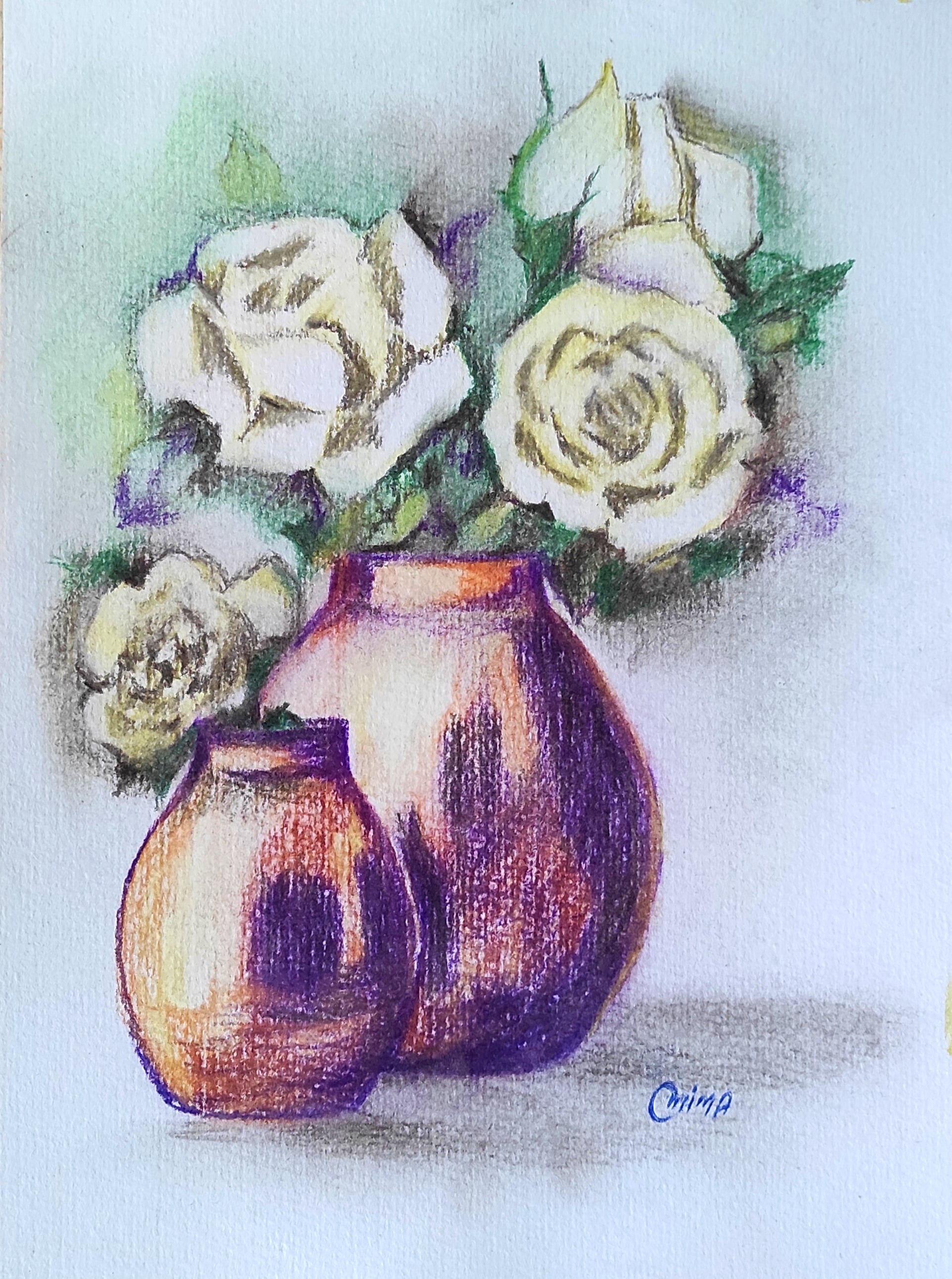 Two Copper Vases, colored pencil on paper, by Omima Aboelnasr