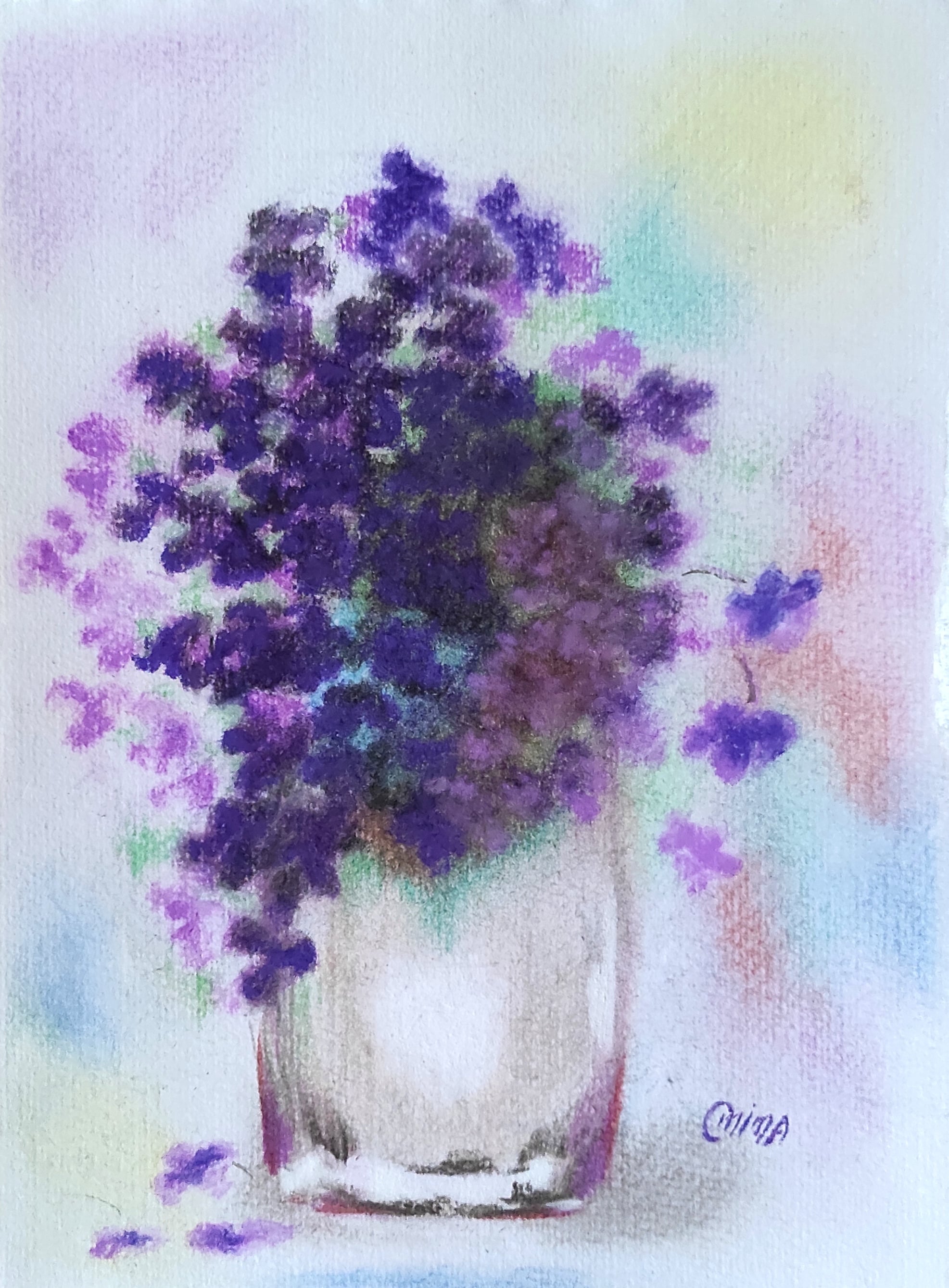Violets, pastel and colored pencil on paper, by Omima Aboelnasr